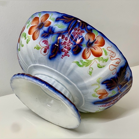 19th Century Vtg Gaudy Welsh Grape Pattern Flow Blue Lusterware Pedestal Bowl - Picture 9 of 16